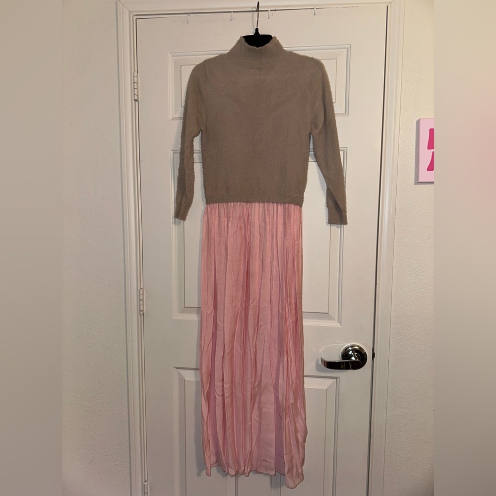 Tan Sweater with Pink Maxi dress